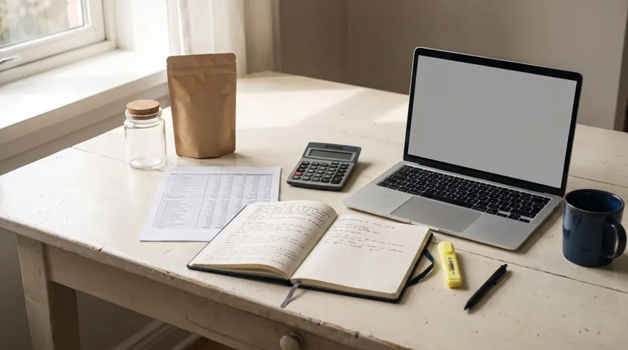 Escritorio con laptop, cuaderno y hoja de costos
