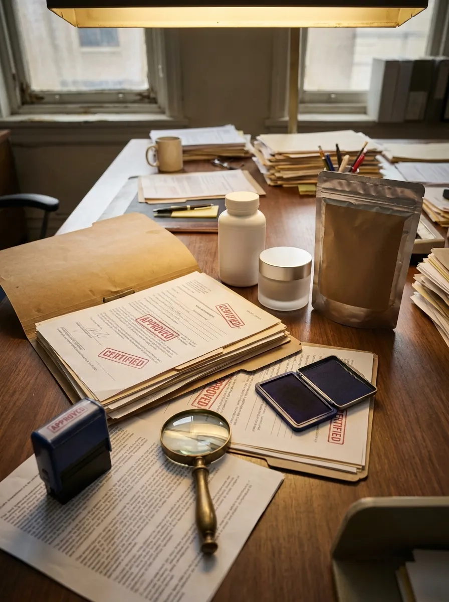 Revisión de expedientes con sello sobre la mesa, junto a un frasco y una bolsa de producto